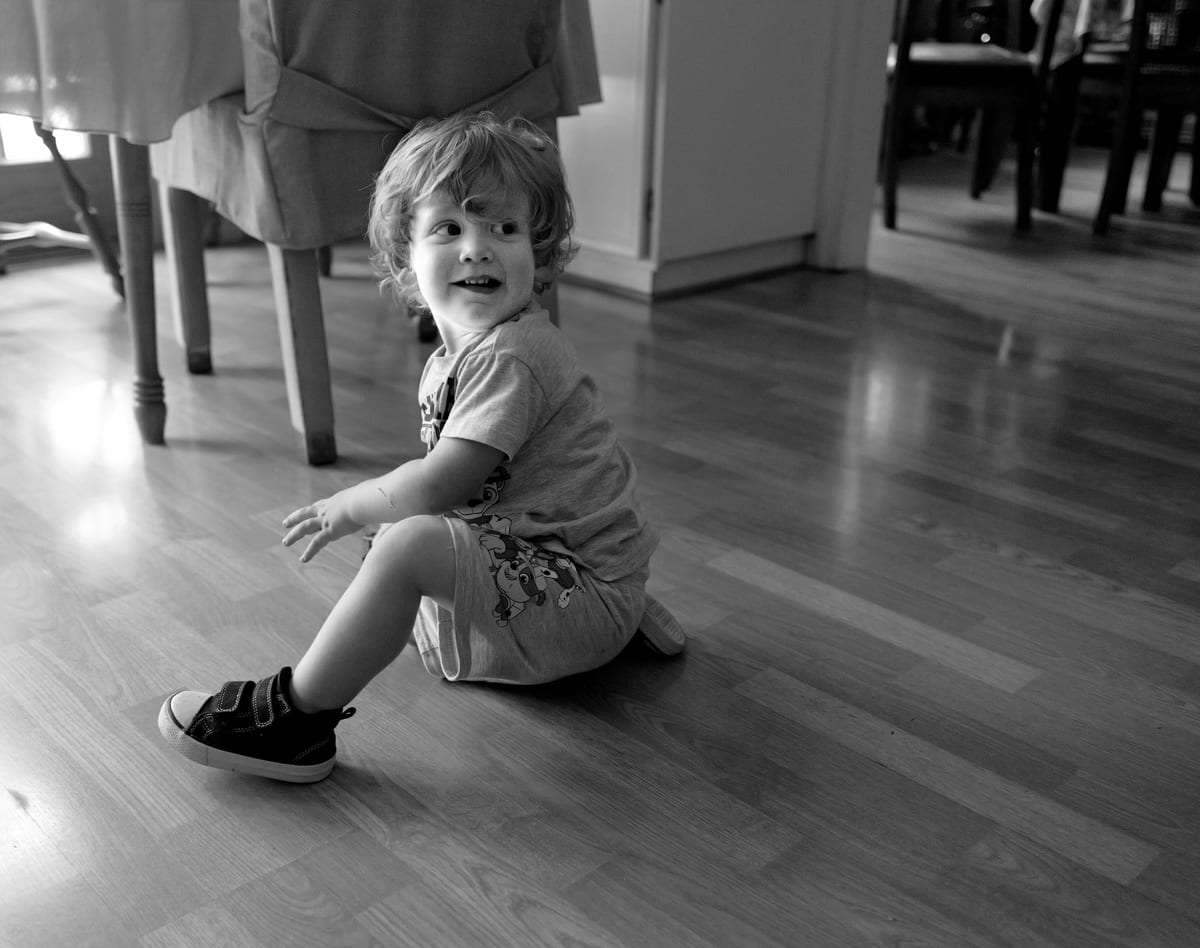 Playing on living room floor and ready to go on a new adventure.